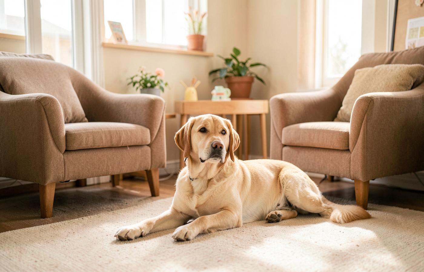 Cão de intervenção deitado tranquilamente em sala de acolhimento com poltronas confortáveis