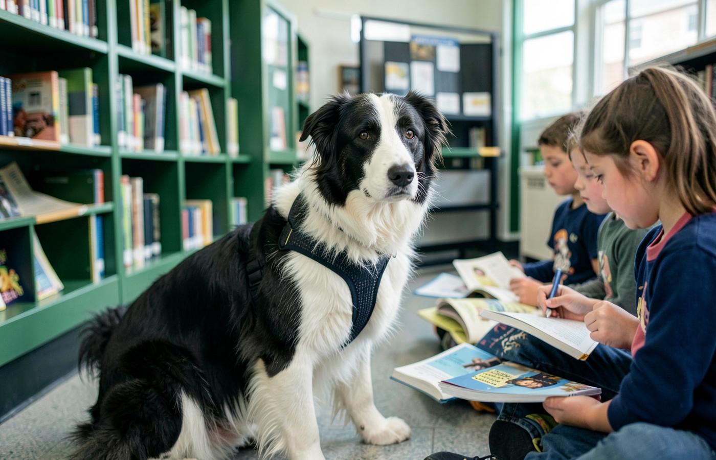 Cão de intervenção com peitoral ao lado de crianças lendo livros em biblioteca escolar
